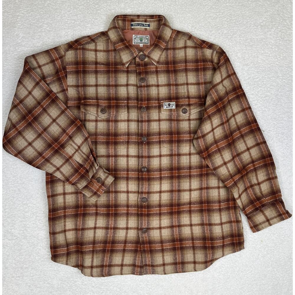 Texwood Italian Fabric Wool Blend Plaid Flannel Shirt Rust Brown Earth Men's L